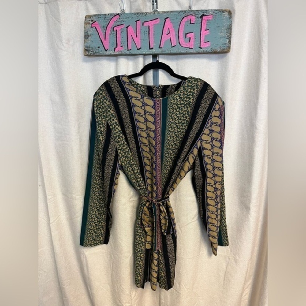 Vintage 1980s Bright Striped Green and Purple Long Sleeve Summer Mini Dress